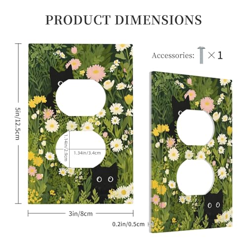 Decorative Outlet Covers Funny Cute Black Cat Colorful Flower Green Plant 1 Gang Duplex Light Switch Cover Plate Wall Plates for Electrical Outlets Switchplate Faceplate for Home Decor