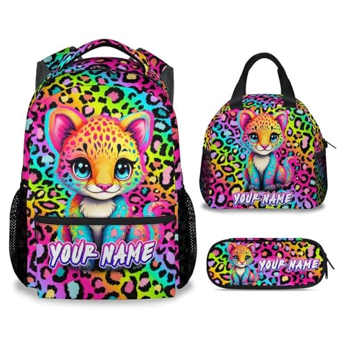 Custom Girls Backpack with Lunch Box, 3PCS Cheetah School Backpacks Matching Combo for Kindergarten, Cute Leopard Print Bookbag and Pencil Pouch Bundle