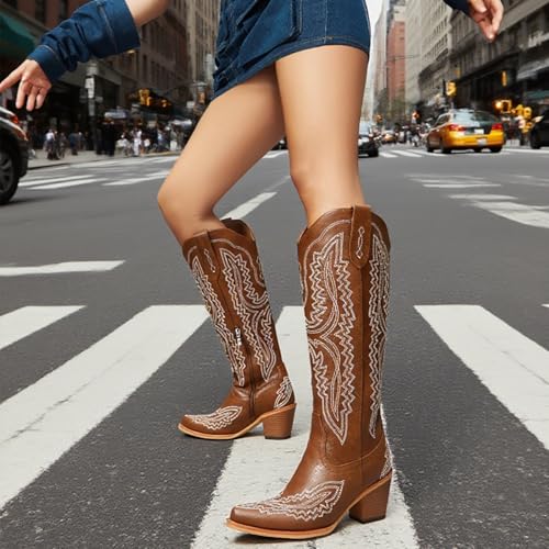 Image of Knee High Cowboy Boots Women Western Embroidered Cowgirl Boot Pointed Toe Chunky Heel Pull On Side Zipper