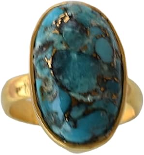 Veracity Jewelry Blue Copper Turquoise Rings For Women - December Birthstone Spiny Mojave Kingman Turquoise 18K Gold Plated Rings For Women - Blue Turquoise Statement Handmade Jewelry Rings - Blue Cooper Turquoise Gemstone Gold Filled Fashion Chunky Rings - VR-300