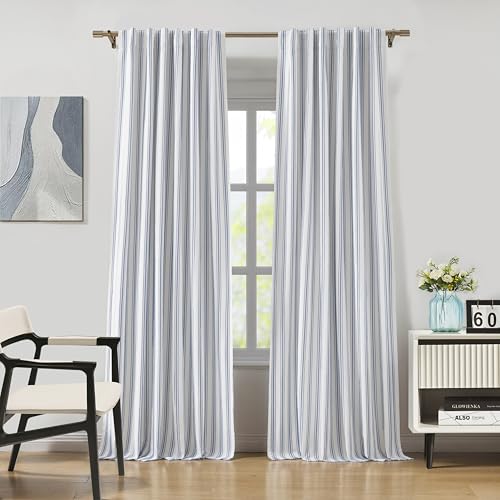 ZJDECOR Blue Striped Blackout Curtains 84 Inches Length Back Tab Rod Pocket
