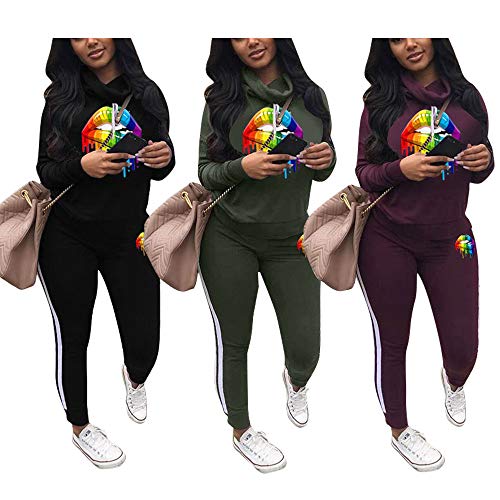 Womens Casual 2 Piece Outfit, Camouflage Letter Print Long Sleeve Pullover Sweatshirt Pants Tracksuits Set Lip Black XL