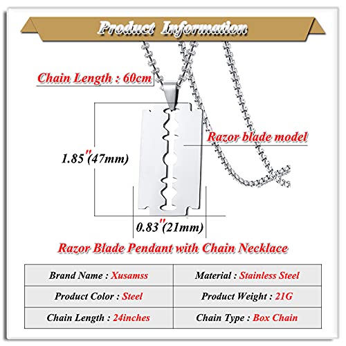 Xusamss Hip Hop Titanium Steel Blade Model Dog Tag Pendant Razor Necklace,24" Chain2