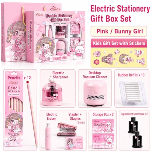 Image of Magicwand Battery Operated Pencil Sharpener,Electric Eraser,Vacuum Cleaner Stationery Set with 10 Eraser Refills for Kids,Adults for Home Office School【3 Yrs & Up】【Cranberry Pink】