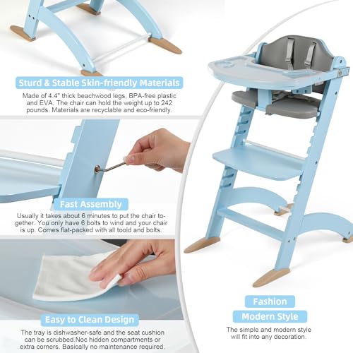 Image of Cowiewie New Upgrade 3-in-1 Convertible Wooden High Chair for Babies & Toddlers 10 Levels Adjustable 3-Tier Remove 2 Waterproof Cozy Cushions Blue