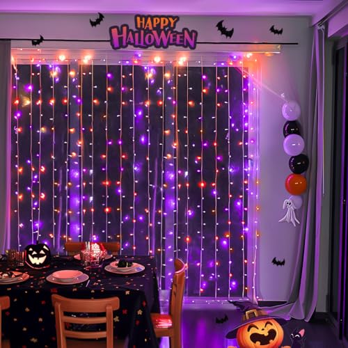 Image of JMEXSUSS 300LED Halloween Curtain Lights, Orange and Purple, 9.8x9.8ft
