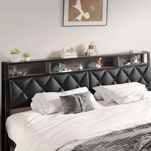 Salamir King Headboard Only, Headboard for King Size Bed with Storage, Upholstered Headboards with LED Lights & Charging Station, Attach Frame, Ideal for Bedroom/Dorm/Guest Room, Black, Faux Leather