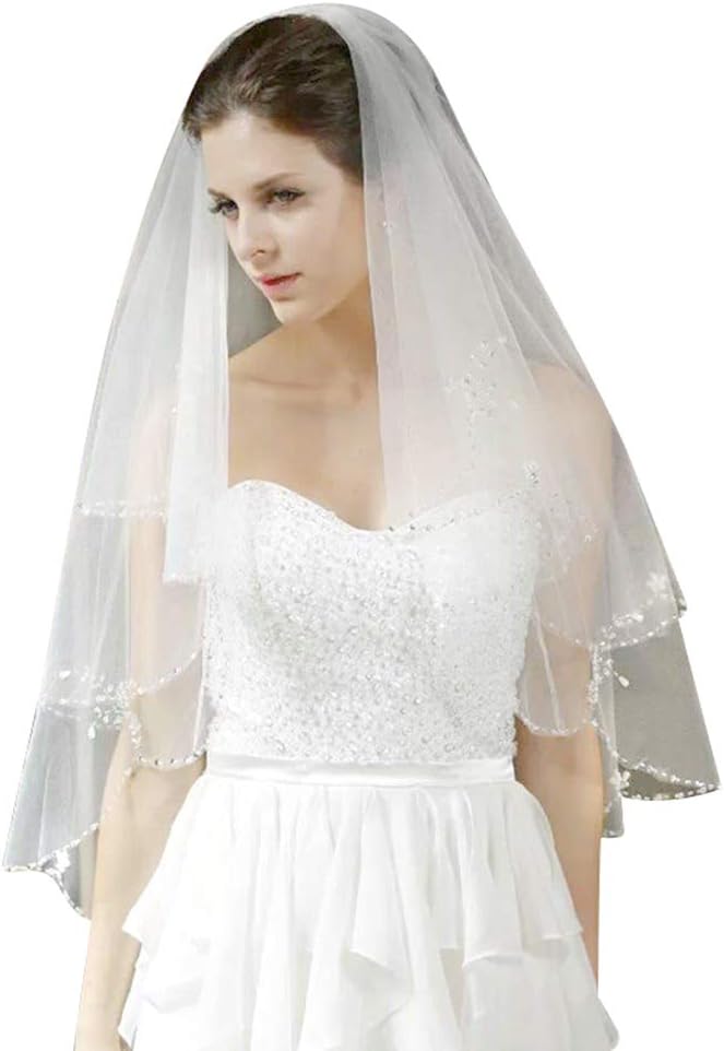 White Short Bridal Veil With Comb & Pearls - Wedding Veil For Brides, Hen Party Accessory