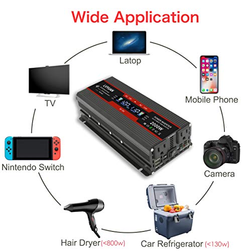 Cantonape 1000W/2000W(Peak) Car Power Inverter DC 12V to 110V AC Converter with LCD Display Dual AC Outlets and Dual USB Car Charger for Car Home Laptop Truck (Black)