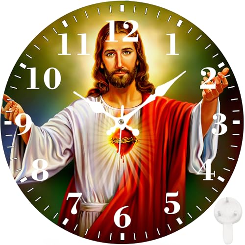 Identiy Jesus Sacred Heart Round Wall Clock 12 Inch Silent Non-Ticking Battery Operated Large Number Display Round Analog Wall Clock Decorative for Bedroom Bathroom Office and Kitchen
