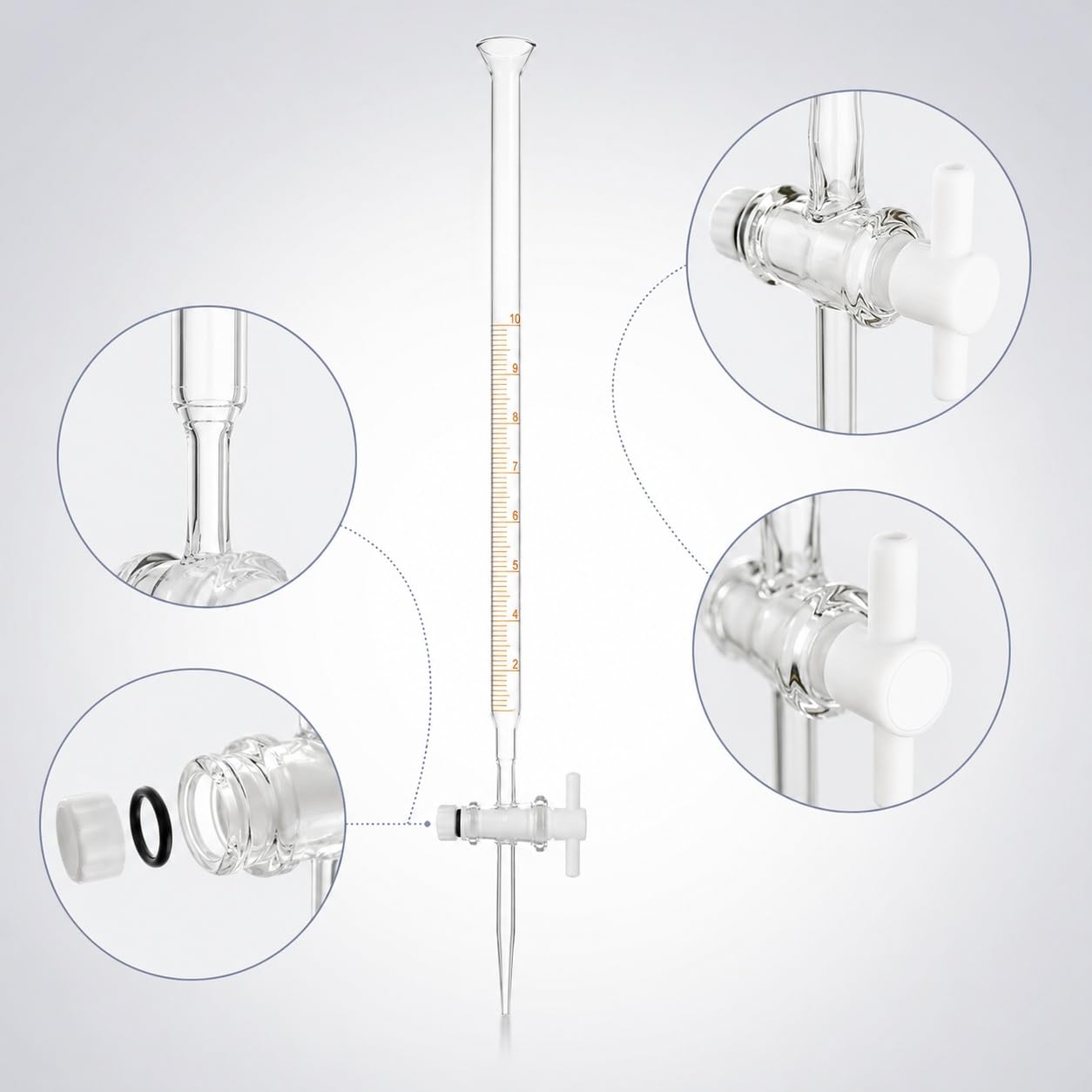 Universal-Glasbürette mit Trichter-Rand und PTFE-Hahn-50mL/0.1 | Universal-Glasbürette mit Trichter-Rand und PTFE-Ventil für Säure und Alkali