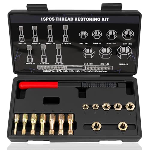 Aikyciu 15-Piece Metric Thread Chaser Set M6 M8 M10 M12 Thread Restorer Tool Rethreading Repair Kit with Taps Dies and Files