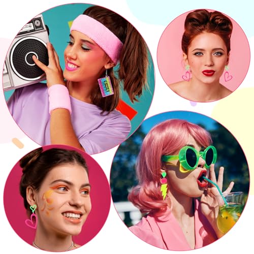 Matwsec 3 Paar 80er 90er Neon Ohrringe für Damen, Retro Acryl 80er 90er Jahre Accessoires Vintage Neon Schmuck für Mottoparty Kostüm Party Maskerade Frau Mädchen