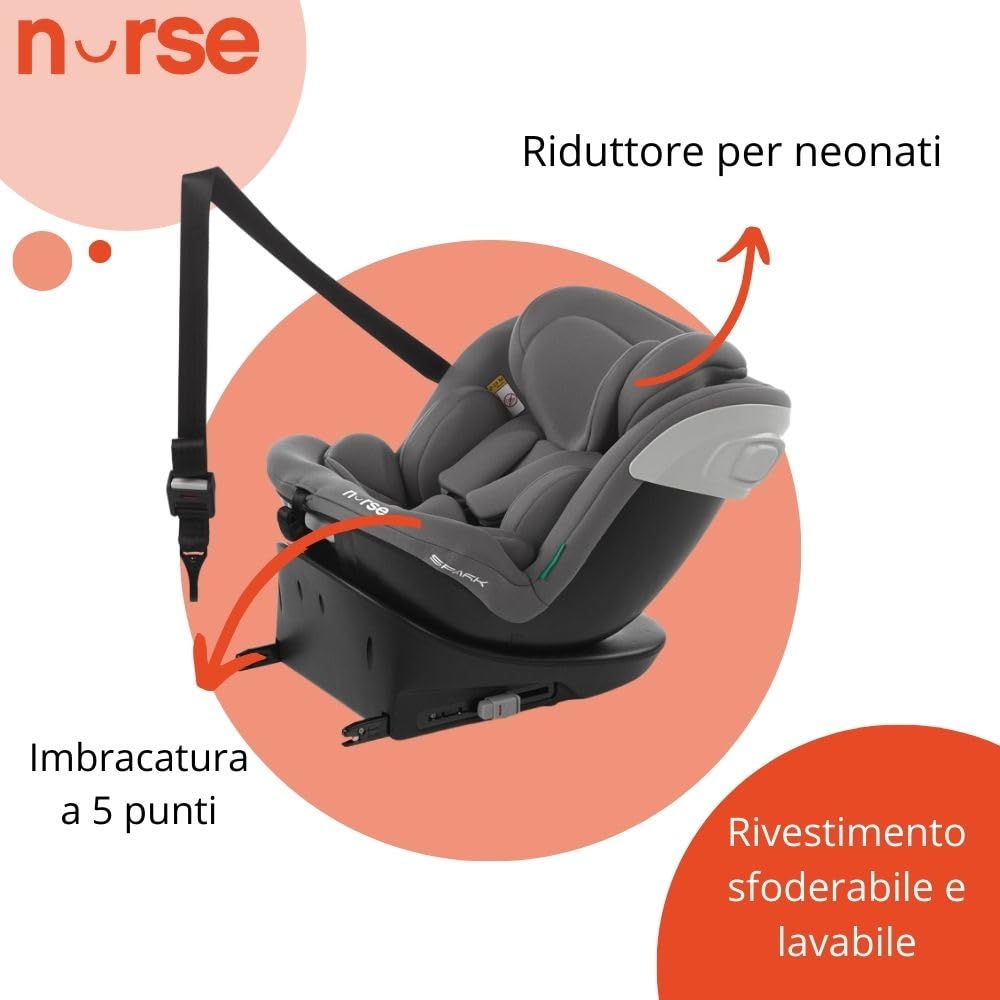 Nurse Spark, Seggiolino Auto iSize, 40 a 150 cm, 0 a 12 Anni, Isofix, Top Tether, Girevole 360, 13 Posizioni Poggiatesta, Grigio