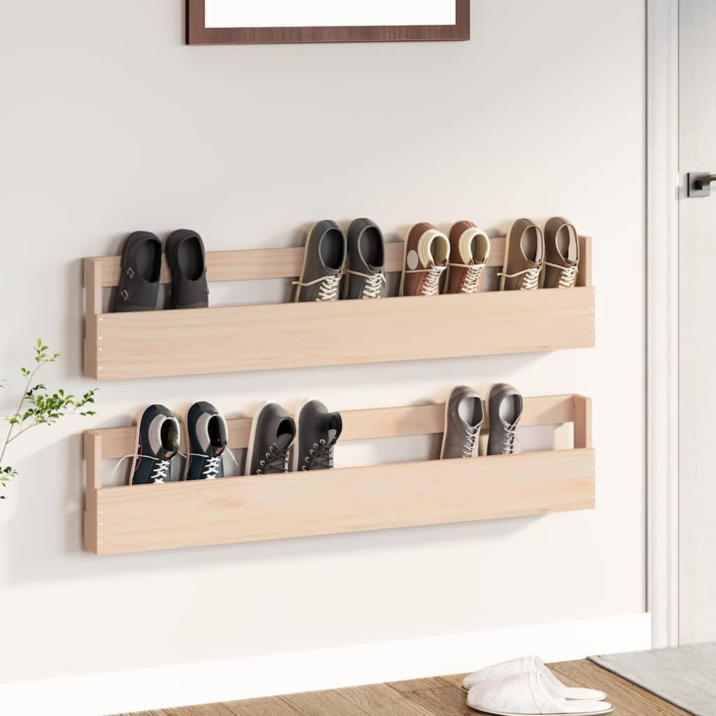 Étagère à Chaussures Murale Lot de 2 Range-Chaussures Suspendu en Pin Massif Bois Naturel Organisateur Gain de Place pour Entrée Couloir et Salon 110x9x23 cm