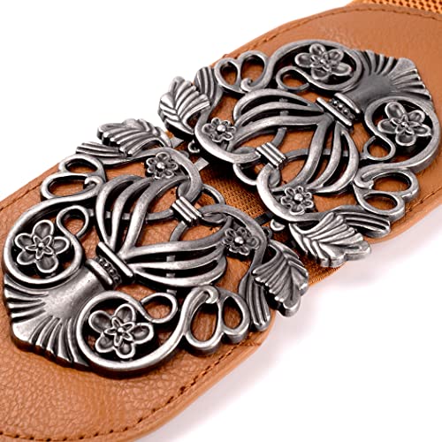 Retro Wide Cinch Belt Womens Corset Cinch Waist Band Vintage Bandage Elasticity Girdle Wrap Gothic Elastic Waist Belt with Hook Buckle for Costume – Brown Silver4