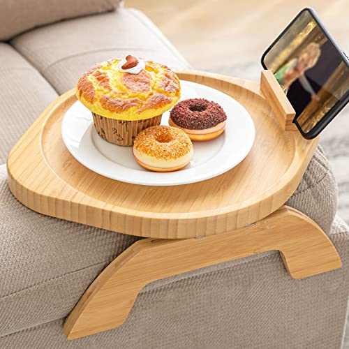 SITREMEN Bamboo Sofa Arm Tray with Rotating Mobile Holder, Stable Couch Armrest, Clip-On Sofa Tray Table for Wide Couches, Foldable Arm Clip Table for