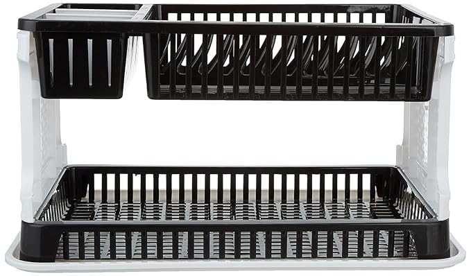 Image of HomeWiz Large 2 Tier Plastic Dish Drying Rack | Double Deck Utensil Rack with Cutlery Holder & Drainage | 50 KG + Weight Capacity | Heavy Duty Rust-Free BPA-Free Kitchen Drying Stand | 47 x 29 x 27cm
