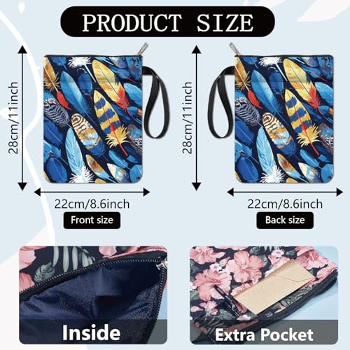 CRASPIRE Feather Book Sleeve Colorful Book Covers Blue Book Protector for Paperbacks Washable Fabric Cloth Book Cover with Zipper and Extra Sleeve Pocket for Book Lovers Classmate Xmas Gifts - Image 3