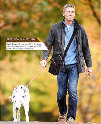 HANWELL Futterbeutel für Hunde Leckerlies, Hundeleckerlitasche mit Poop Spender-Verstellbarer Taillen/Schulterriemen, Mehrfachtaschen für Tragende Hunde Kibble und Spielzeug - Wasserdichtes, Schwarz