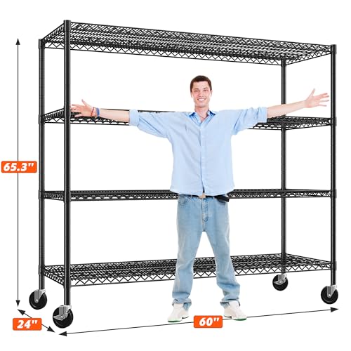 REIBII 60" W Storage Shelves 2878LBS Wire Shelving Unit with Wheels Heavy Duty Metal Shelving Adjustable Metal Shelves for Pantry,Kitchen,Garage,Basement,Business,Warehouse,School,60”W ×24”D×65.3”H