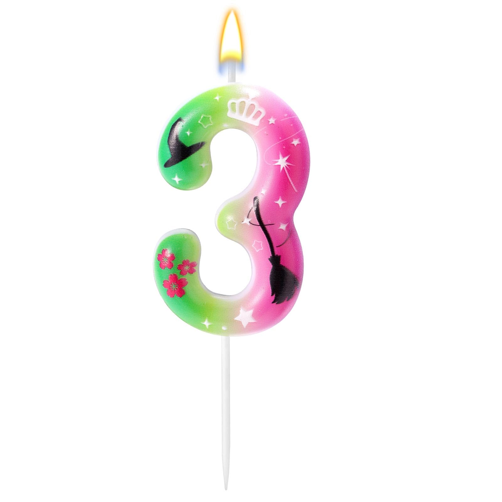 Birthday Number Candle, Delicate Cake Candle with Pointed Hat Broom Star Flower Crown Patterns for Birthday Wedding Anniversary Party Decor(Number 3)