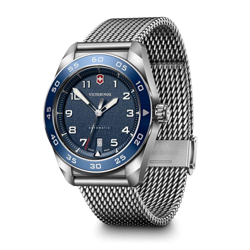 Image of Victorinox Swiss Army | Swiss Made Men's Automatic Watch, 42 mm, 100M Water Resistant, Anti-Shock | Blue Dial, Stainless Steel Case, Silver Mesh Bracelet, Sellita SW200-1 Movement | 242045