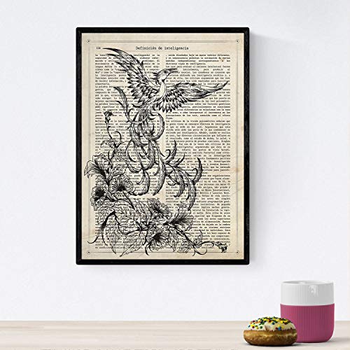 Affiche Nacnique de Fenix ??Noir et Blanc. Gravures d'animaux avec définitions. Illustrations d'animaux avec des textes. Taille A4 avec cadre