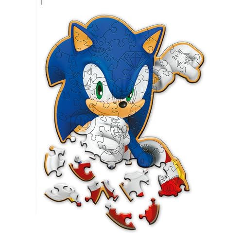 Trefl – Puzle de Contorno de Madera: Sonic The Hedgehog, Sonic El Listo – 50 Piezas, Wood Craft Junior, Formas Irregulares, 10 Figuras, Rompecabezas Moderno, Juego para niños a Partir de 5 años