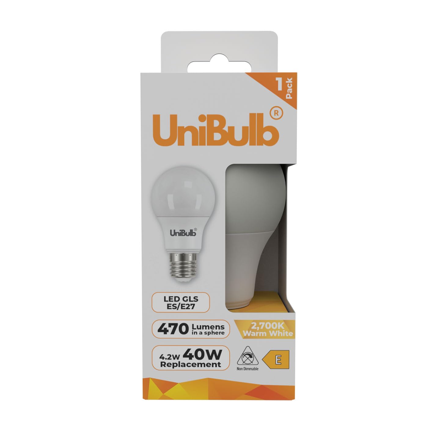 Unibulb E27 Edison Screw (ES) LED Light Bulb, 470 Lumens, 4.2W, 2700K Warm White, Replaces 40W, 25yr Lifespan, Non-Dimmable (1)
