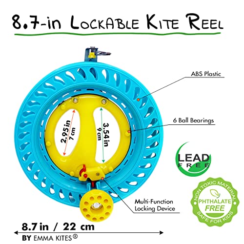Emma Kites Lockable Kite Reel Winder 8.7Inches(Dia) Macaron Blue With 120Lb Line Smooth Rotation Ball Bearing Tool For Single Line Kite Flying Inflatable Delta Octopus Another Big Knob #TOP1