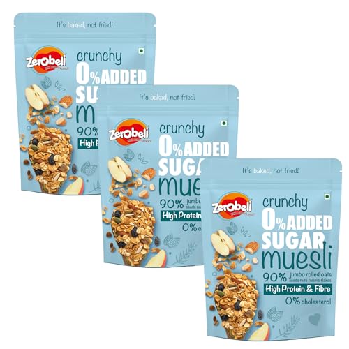 Image of Zerobeli Crunchy 0% Added Sugar Muesli 425g (Pack of 3) | 90% Wholegrains Rich in Flax Seeds, Sunflower Seeds and Raisins | Multigrain Breakfast Cereal | Diabetic Friendly and Helps in Manage Weight