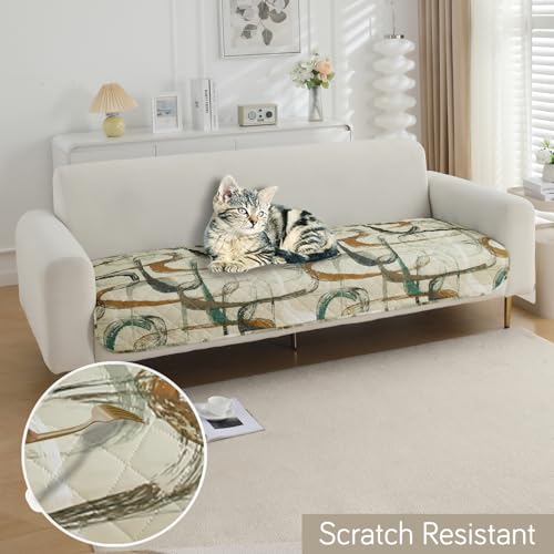 Image of HOKIPO 'Elira Series' Polyester Blend Digitally Printed Water Repellent + Waterproof Sofa Seat Mat for 1 Seater Sofa - Parchement Beige Abstract Art (AR-5241-C6*1)