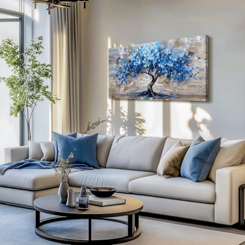 SERIMINO Tree of Life Wall Art Large Artwork, Blue Tree Abstract Wall Paintings, Nature Plant Canvas Art Prints, Modern Neutral Pictures Wall Decor Living Room Bedroom Office Meeting Room 24"X48"