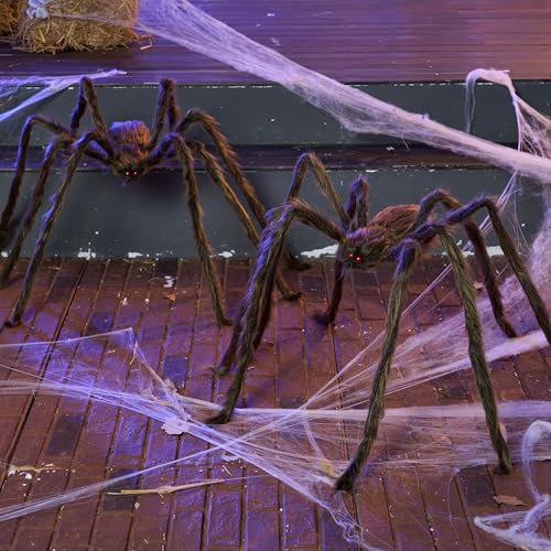 Image of JOYIN 2 Pack 5 Ft Halloween Outdoor Decorations Hairy Brown Spider, Scary Fake Giant Large Spider Haunted House Props, Halloween Lawn Porch Yard Garden Tree Decorations Party Indoor Decor