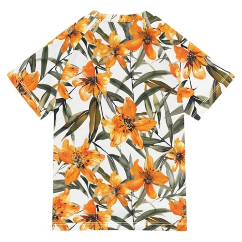 ALAZA Kids Rash Guard Girls Toddler Swim Shirts Short Sleeve Orange Floral Flowers UPF 50+ 3T2