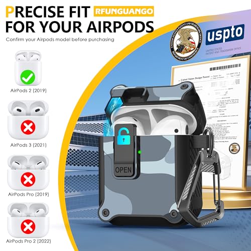 Image of RFUNGUANGO for Airpods 2nd and 1st Generation Protective Cases Automatic Pop-up with Safety Lock Clip, Full Body Shockproof Hard Case with Keychain (Cleaning Tool)-Light Gray Camouflage