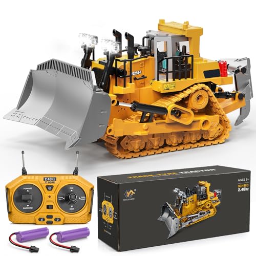 YESHIN Bulldozer radiocommandé 1:20 en métal 9 canaux avec télécommande 2,4 GHz, lumière et son, véhicule à chenilles amélioré, véhicule de...