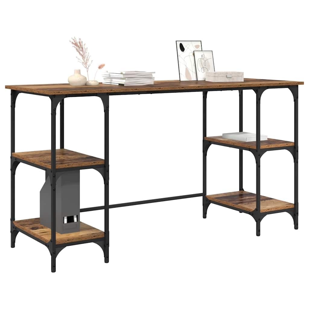 Scrivania con mensola in legno anticato, 140 x 50 x 75 cm, struttura in metallo, stabile, per ufficio, casa, ufficio, con spazio e ripiano per computer, PC, laptop, monitor da gioco