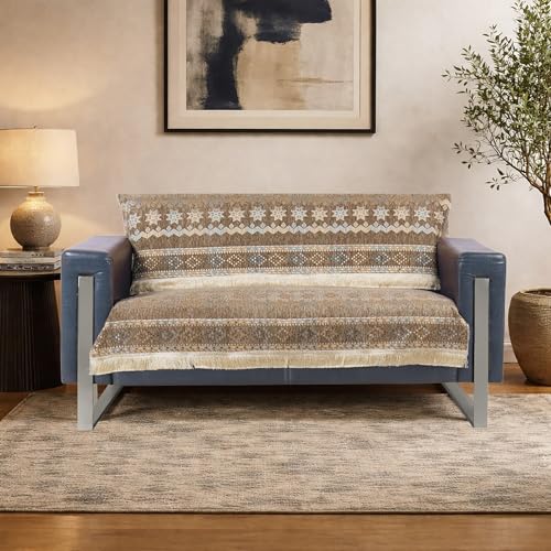 Image of Elegant Woven Brown Sofa Cover - Soft Chenille Traditional Pattern with Lace Style | L-Shape Sectional Seat Protector for Living Room | Durable & Stylish Slipcover 2 Seater Sofa