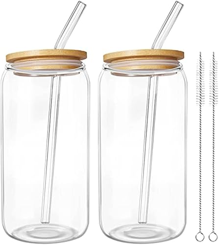 ARTIBETTER Vasos de vidrio en forma de lata con tapa de madera 2 juegos de latas de vidrio jugo de frutas vasos de cerveza de 169fl oz taza de café