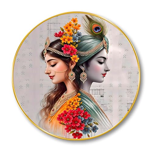 Image of SAF Radha Krishna Wall Painting - Divine Love Artwork with Floral Accents | Spiritual Round Golden Frame Wall Decor for Living Room, Bedroom, Pooja Room | Hindu Religious Art (16 X 16 Inch) GRM-290