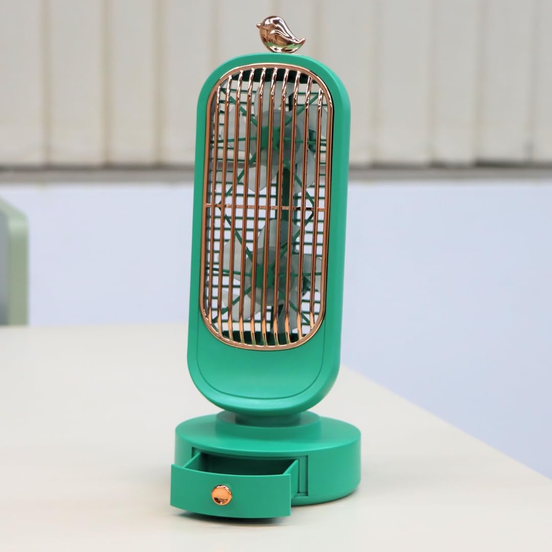 Lukzer Mini Dual-Head USB Desk Fan with Storage Drawer | Ultra-Quiet Portable Desktop Fan for Strong Wind Cooling | Unique Compact Design for Home Office Bedroom Table (Green/YS-2227/24 x 9.5 x 6cm)