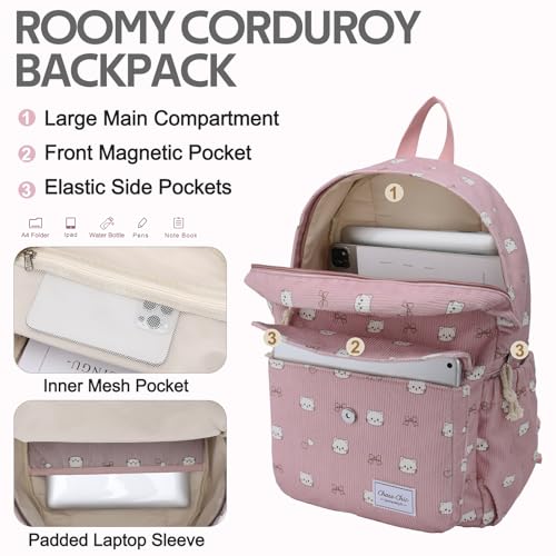 Chase Chic Corduroy Kids Backpack, Cute Aesthetic Plush Bookbag Casual Rucksack Daypack for School Toddler Girls Boys Pink Cat3