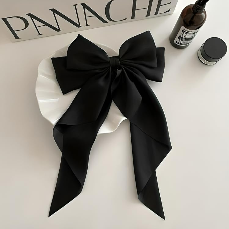 Image of FilterFashion Big Satin Layered Hair Bows for Women Girls 11.5 Inch Barrette Hair Clip Long Back Ribbon Bows French Style Hair Accessories (Black,Cream)