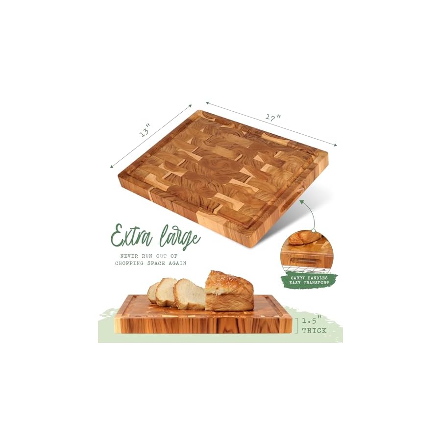 Teak Wooden Cutting Board (17x13x1.5in) End Grain Cutting Board, Butcher Block, Chopping Board - Reversible Multipurpose For Kitchen with Juice Groove & Inner Handles with Gift Box Included