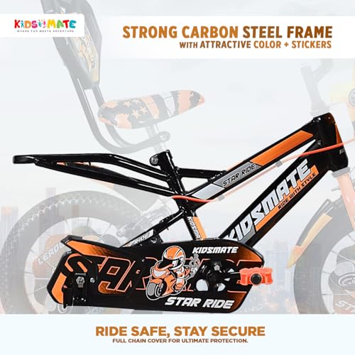 Image of Kidsmate Star Ride 14T Kids Bicycle with Training Wheels | Cycle for Kids Featuring Front Basket, Adjustable Seat & Strong Steel Frame | Perfect First Ride Kids Cycle for 2-5 Years - Neon Orange