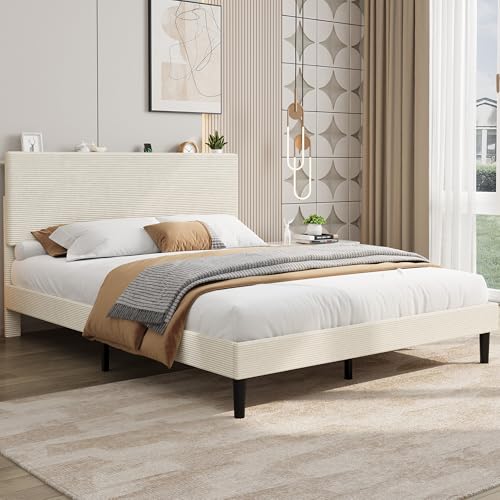 Garvee Queen Size Bed Frame with USB Charging Station, Corduroy Upholstered Platform Bed Frame with Adjustable Storage Headboard, Wooden Slats Support