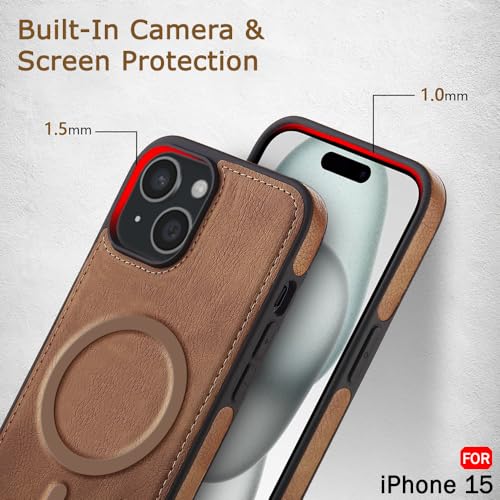 Image of TheGiftKart Genuine Leather Finish Back Cover Case for iPhone 15 | Shockproof Design | Raised Edges for Camera & Screen Protection | Stunning Minimalist Design Case Cover (MagSafe Compatible, Brown)