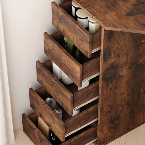 GarveeHome Corner Vanity and Stool, Corner Vanity Desk with Mirror and Lights, Corner Makeup Vanity with Power Outlet, 3 Color & Brightness Adjustable Light, Makeup Vanity for Girls,Dark Brown